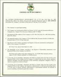 Certificate of Incumbency Белиз 1