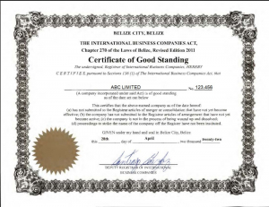 Сертификат о благополучии фирмы Белиз